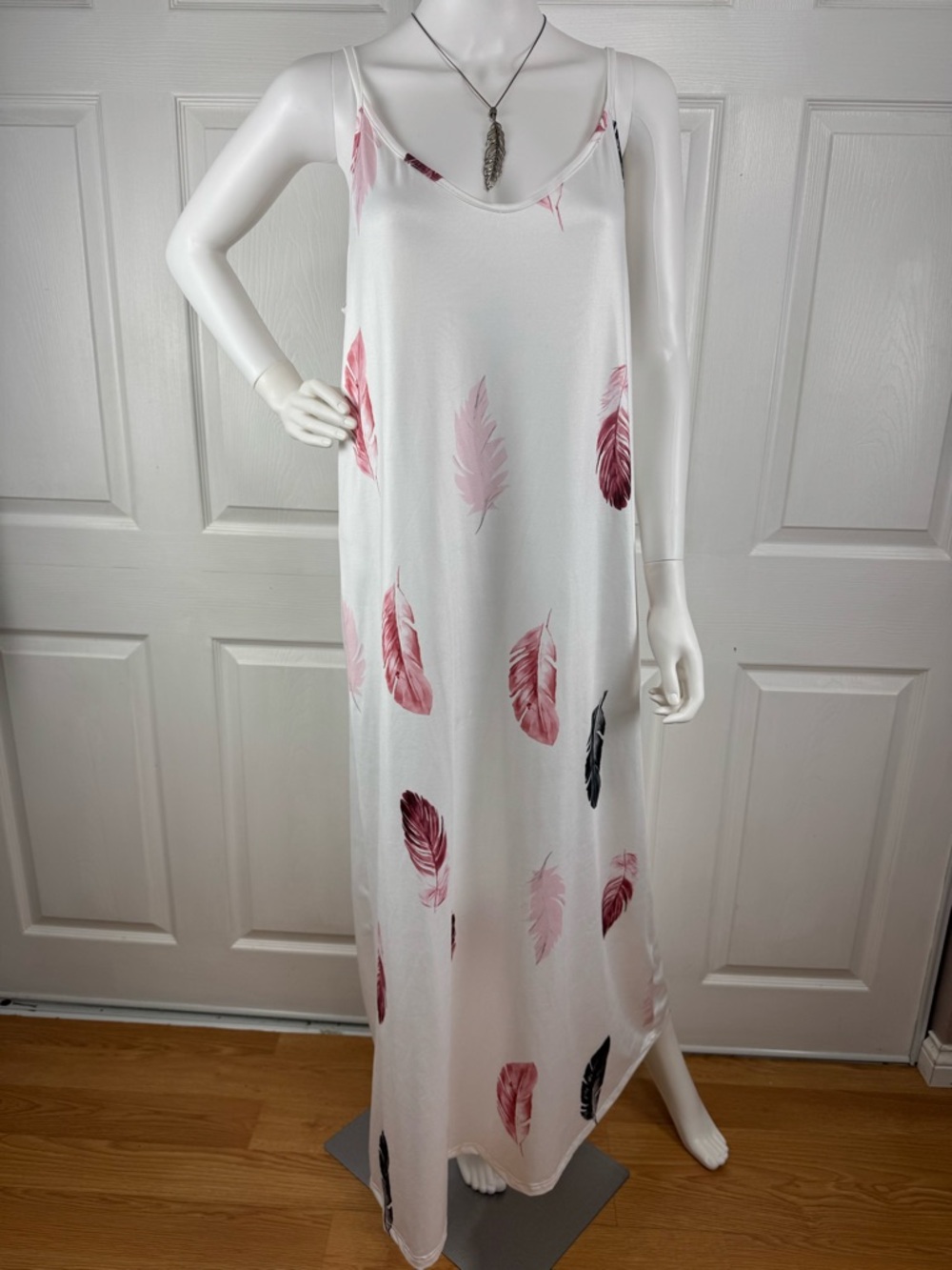 White Maxi Slip Dress with Pink & Black Feather Print
